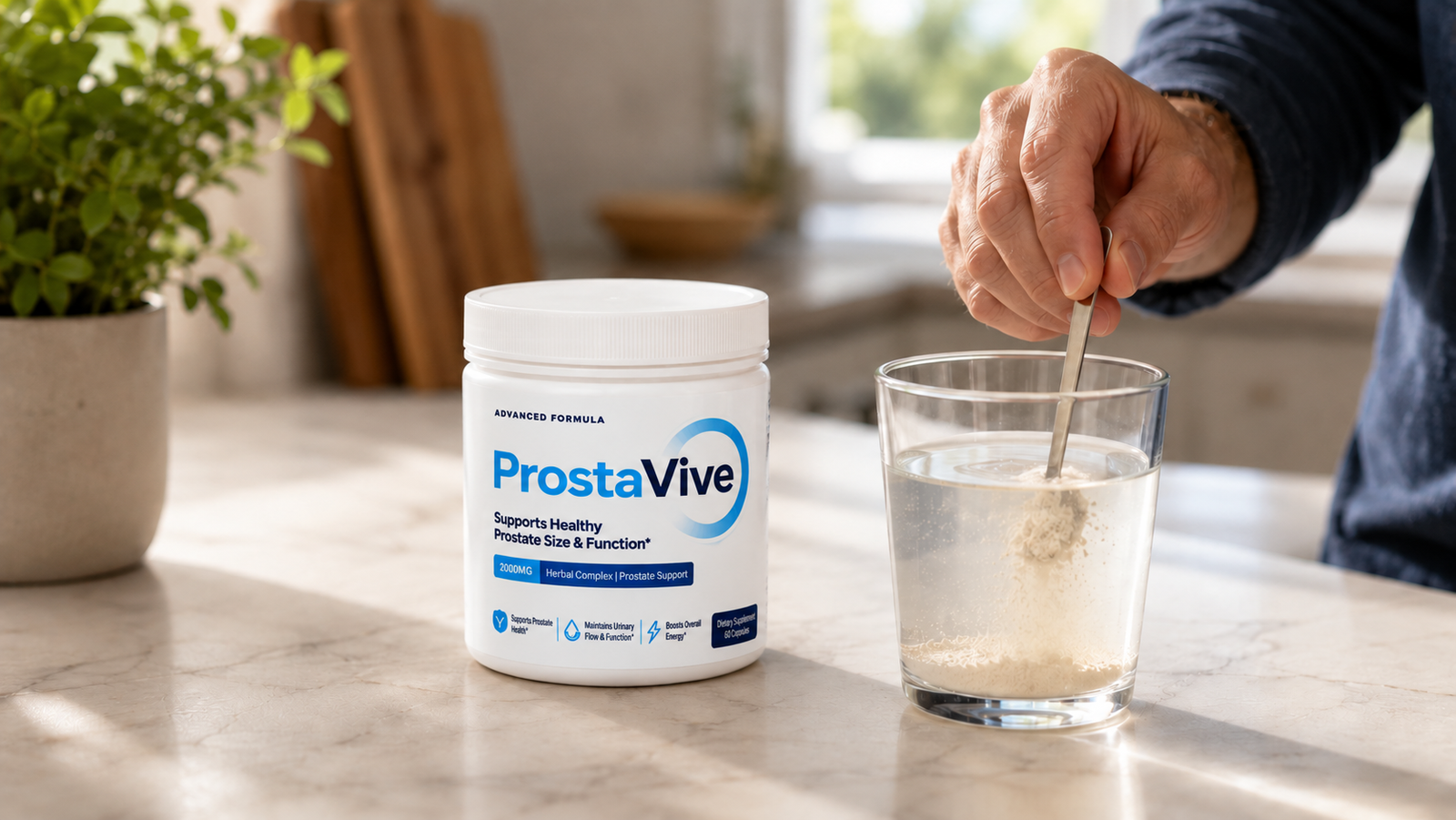 Man's hands holding a ProstaVive supplement jar